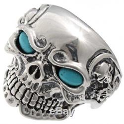 NAVAJO MADE Sterling Silver Skull Biker Mens Ring REAL Turquoise Eyes Any Size