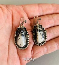 NAVAJO MW Well-Made Sterling Silver WHITE BUFFALO Dangle Pierced Earrings