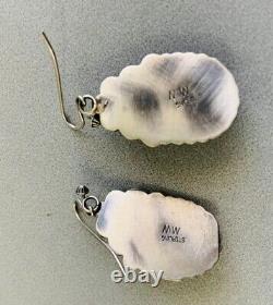 NAVAJO MW Well-Made Sterling Silver WHITE BUFFALO Dangle Pierced Earrings