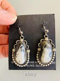 NAVAJO MW Well-Made Sterling Silver WHITE BUFFALO Dangle Pierced Earrings