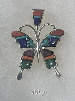 NAVAJO Made STERLING Silver Multi-stone Inlay BUTTERFLY Pendant EDISON YAZZIE