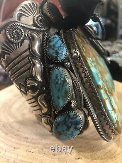 Native American Made By Leander Tahe Sterling Silver Turquoise 14 Kt Gold Cuff