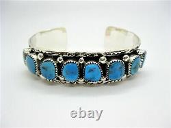 Native American Made Sterling Silver Bright Blue Turquoise Nugget Cuff Bracelet