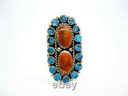 Native American Made Sterling Silver Huge Turquoise & Spiny Adjustable Ring