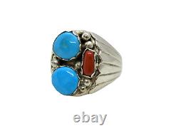 Native American Made Sterling Silver Men's Turquoise Coral Ring Size 13.5