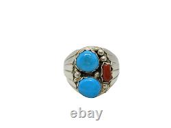 Native American Made Sterling Silver Men's Turquoise Coral Ring Size 13.5