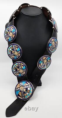 Native American Made Sterling Silver Multi Stone Inlay Concho Belt 36