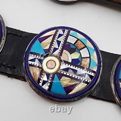 Native American Made Sterling Silver Multi Stone Inlay Concho Belt 36