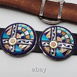 Native American Made Sterling Silver Multi Stone Inlay Concho Belt 36