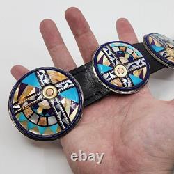 Native American Made Sterling Silver Multi Stone Inlay Concho Belt 36