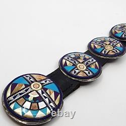 Native American Made Sterling Silver Multi Stone Inlay Concho Belt 36