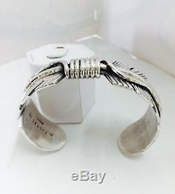 Native American Navajo Sterling Silver Hand Made Feather Design Cuff Bracelet
