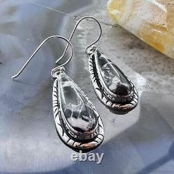 Native American Sterling Silver Elongated Teardrop White Buffalo Dangle Earrings