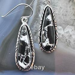 Native American Sterling Silver Elongated Teardrop White Buffalo Dangle Earrings