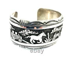 Native American Sterling Silver Hand Made Over Lay Horse Design Cuff Bracelet