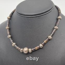 Native American Sterling Silver Hand Made Stamped Beads & Heishi Shell Necklace
