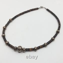Native American Sterling Silver Hand Made Stamped Beads & Heishi Shell Necklace