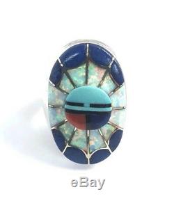 Native American Sterling Silver Hand Made Zuni Lapis And Opal Ring Size 10