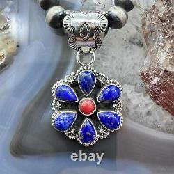 Native American Sterling Silver Lapis & Coral Flower Decorated Pendant For Women