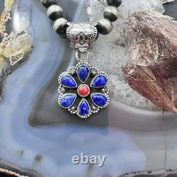 Native American Sterling Silver Lapis & Coral Flower Decorated Pendant For Women