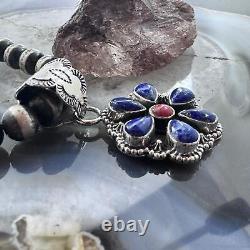 Native American Sterling Silver Lapis & Coral Flower Decorated Pendant For Women