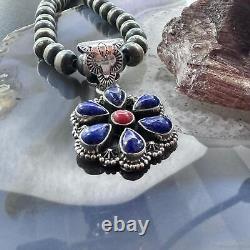 Native American Sterling Silver Lapis & Coral Flower Decorated Pendant For Women