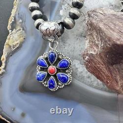 Native American Sterling Silver Lapis & Coral Flower Decorated Pendant For Women