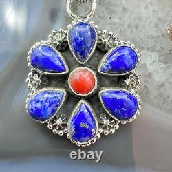 Native American Sterling Silver Lapis & Coral Flower Decorated Pendant For Women