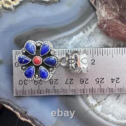 Native American Sterling Silver Lapis & Coral Flower Decorated Pendant For Women