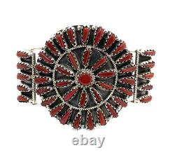 Native American Sterling Silver Navajo Hand Made Coral Cluster Cuff Bracelet
