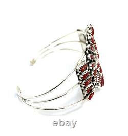 Native American Sterling Silver Navajo Hand Made Coral Cluster Cuff Bracelet