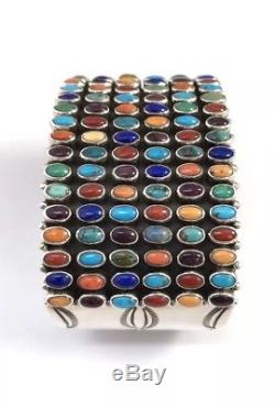 Native American Sterling Silver Navajo Hand Made Multicolored Cuff Bracelet
