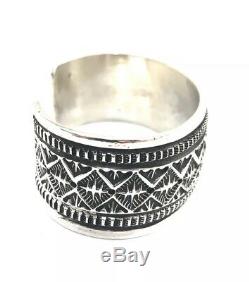 Native American Sterling Silver Navajo Hand Made Silver Stamp Cuff Bracelet