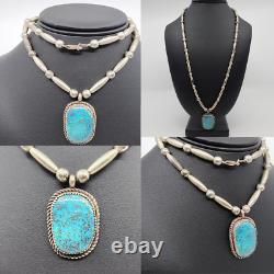 Native Made Sterling Silver Beaded Necklace Handmade Natural Turquoise Pendant