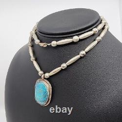Native Made Sterling Silver Beaded Necklace Handmade Natural Turquoise Pendant