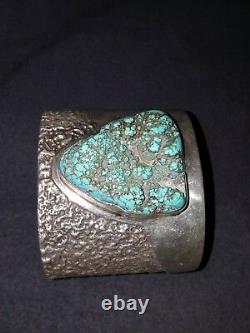 Native Sterling Silver Cuff Bracelet With Huge Turquoise Vintage 455g HAND MADE