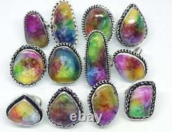 Natural Rainbow Druzy Gemstone Ring Lot Sterling Silver Plated Gemstone Ring