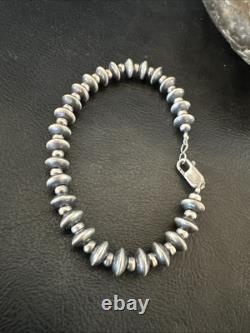 Navajo 8mm Flat 4mm Round Beads 6Sterling Silver Bracelet B2