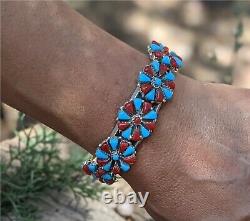 Navajo Cuff Bracelet Turquoise Coral Sterling Silver Hand Made Jewelry sz 6.25