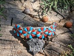 Navajo Cuff Bracelet Turquoise Coral Sterling Silver Hand Made Jewelry sz 6.25