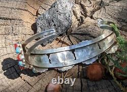Navajo Cuff Bracelet Turquoise Coral Sterling Silver Hand Made Jewelry sz 6.25