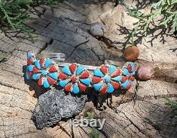 Navajo Cuff Bracelet Turquoise Coral Sterling Silver Hand Made Jewelry sz 6.25