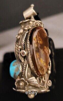 Navajo Hand Made Sterling Silver Pendant with Fire Opal, Turquoise And Coral