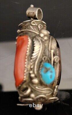 Navajo Hand Made Sterling Silver Pendant with Fire Opal, Turquoise And Coral