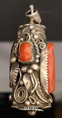 Navajo Hand Made Sterling Silver Pendant with Fire Opal, Turquoise And Coral