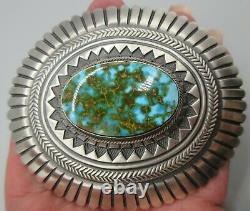 Navajo LEON MARTINEZ-Impeccably Made-Kingman Turquoise 925 Concho Belt Buckle