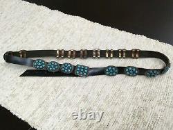 Navajo Made Concho Leather and Turquoise Belt Sterling Silver Hardware