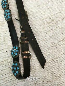 Navajo Made Concho Leather and Turquoise Belt Sterling Silver Hardware
