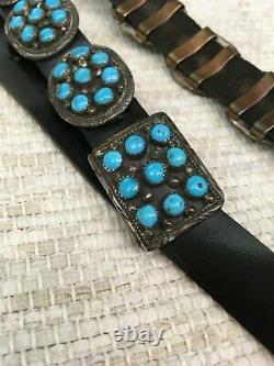 Navajo Made Concho Leather and Turquoise Belt Sterling Silver Hardware