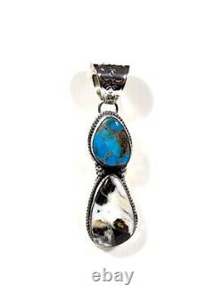 Navajo Made High grade Bisbee & White Buffalo Turquoise Sterling Silver Pendant